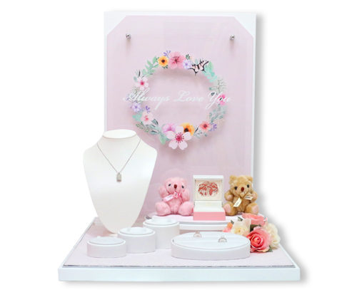 訂製直播珠寶對戒展示套組-粉色幸福花環背板、2隻幸福的熊熊